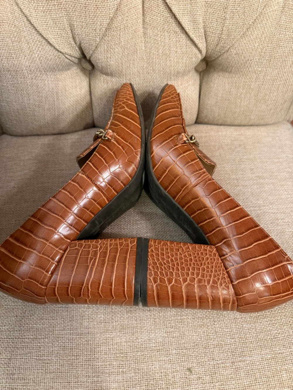 The Limited Benton Cognac Croc-Embossed Chain Loafers Chunky Heel 90s - Picture 8 of 10